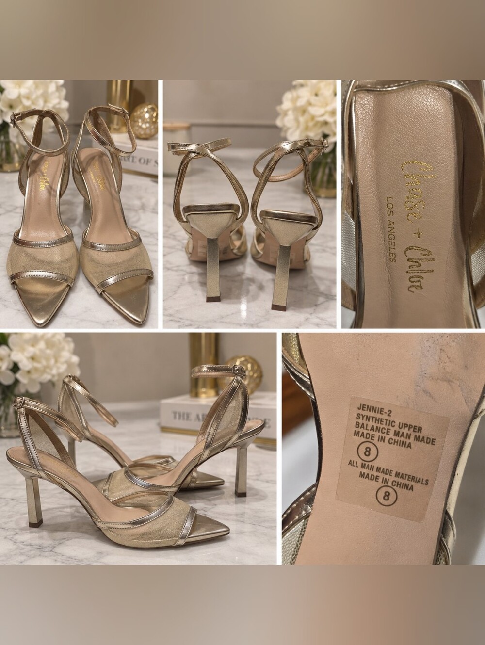 Chase + Chloe Jennie-2 Gold Metallic Mesh Ankle Strap Heels – Size 8